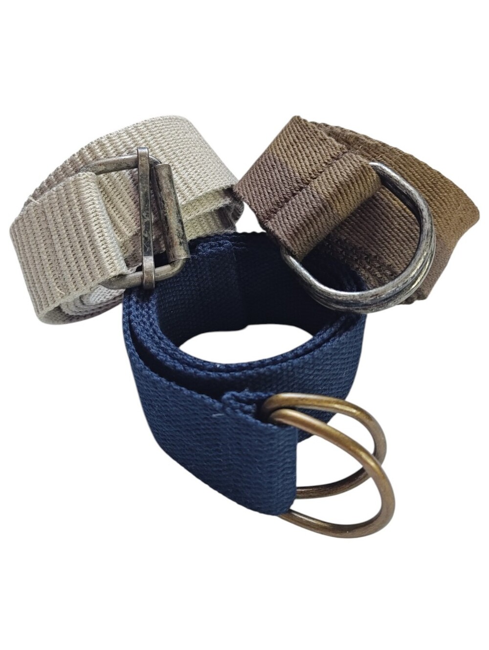 Lot of 3 Men's Canvas Web Belts Size 32 D-Ring Slide Buckle Navy Brown Beige